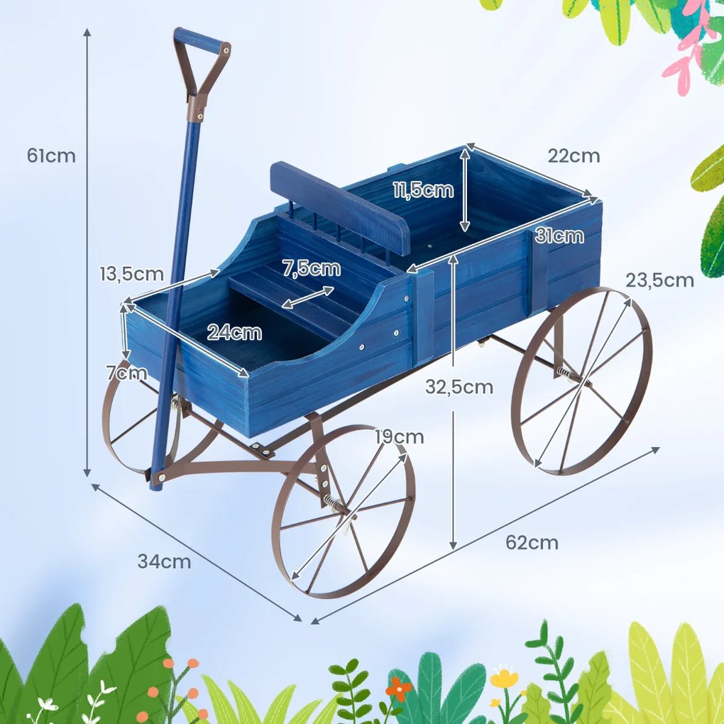 Carrinho floreira de madeira decorativo com rodas e 2 secções para plantas Jardim Pátio 62 x 34 x 60 cm Azul