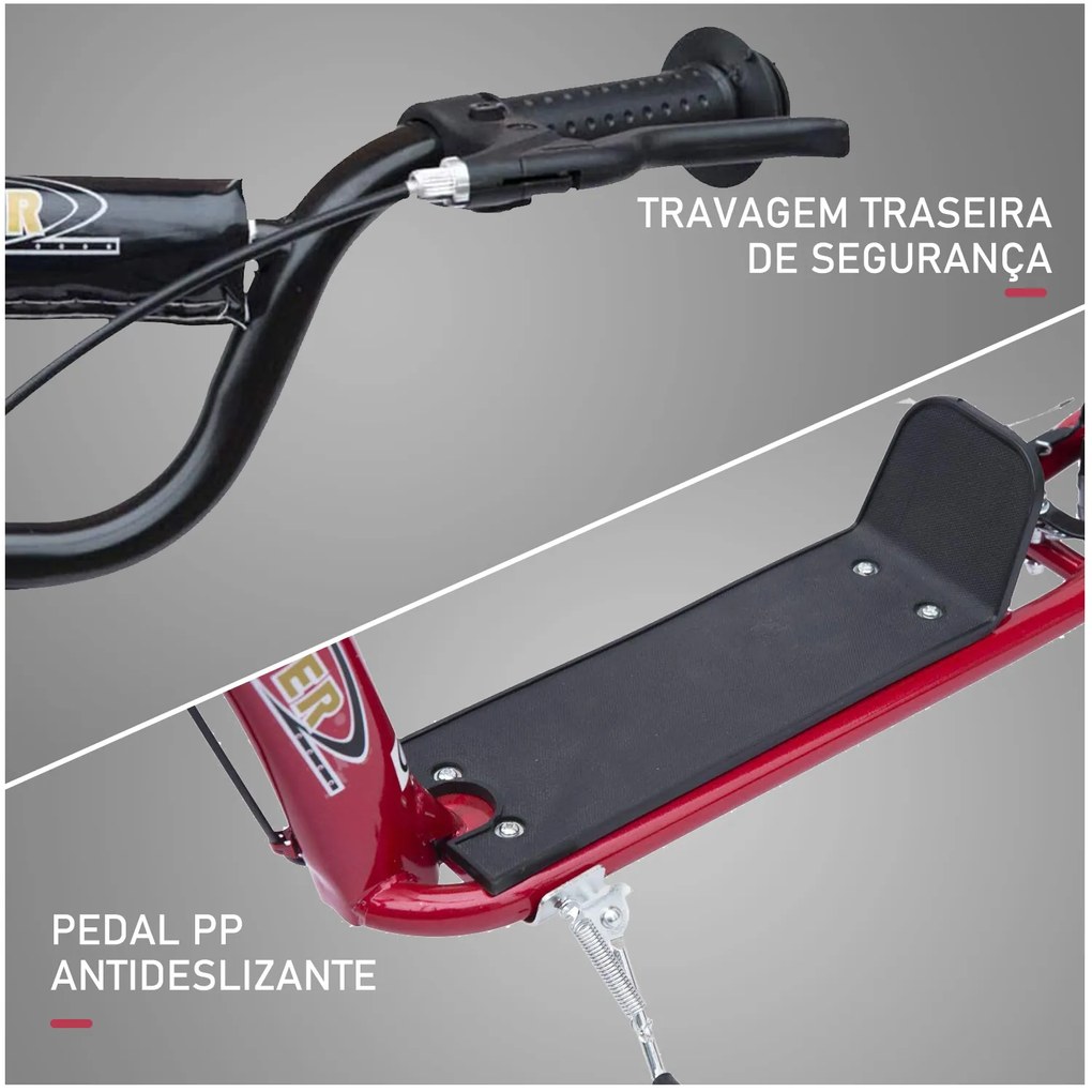 HOMCOM Trotinete com 2 Rodas de 12 Polegadas Trotinete para Crianças com Guiador Ajustável Freio e Cavalete Carga Máxima 100kg 120x52x80-88cm Vermelho