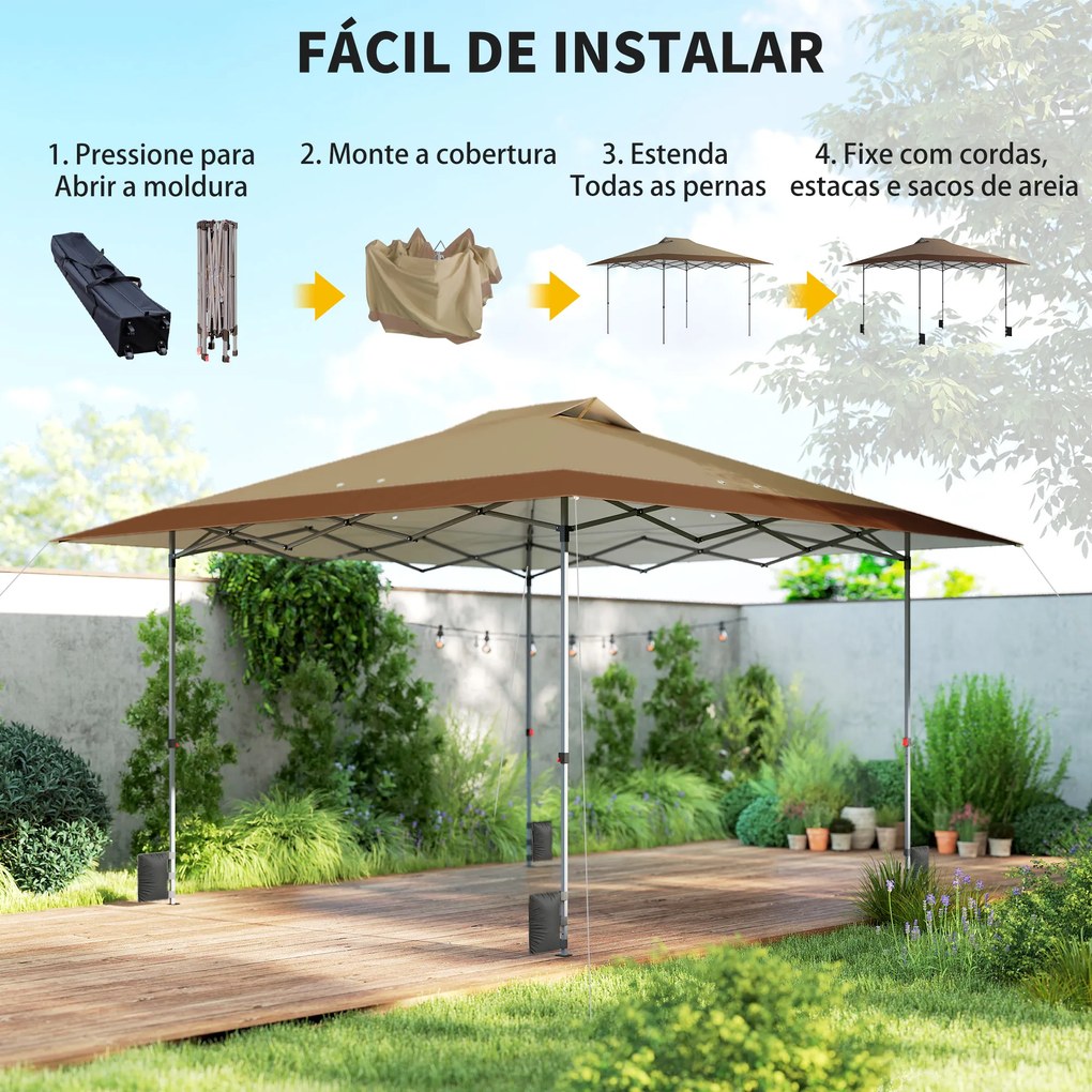 Tenda Dobrável Pop-up 4x4 m com Bloqueio Central UPF50+ Altura Ajustável Sacos de Areia e Bolsa com Rodas Bege e Castanho