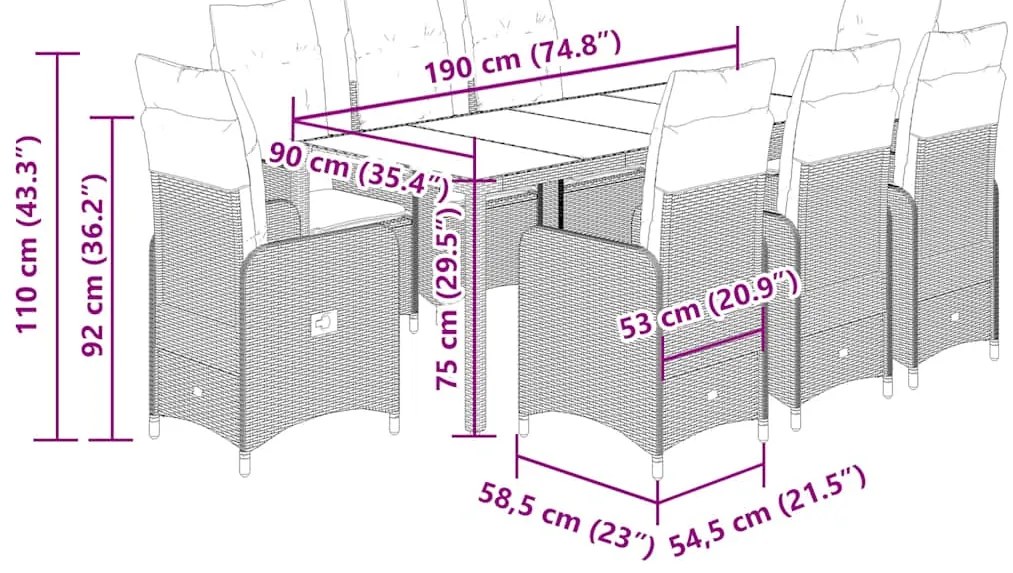 9 pcs conjunto de bistrô para jardim c/ almofadões vime PE bege