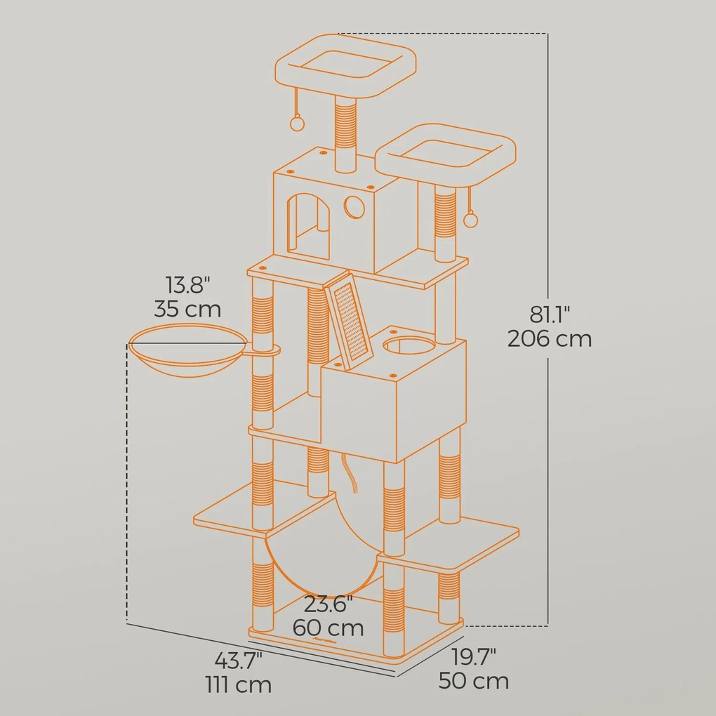 Arranhador 206 cm de altura com 13 colunas para arranhar