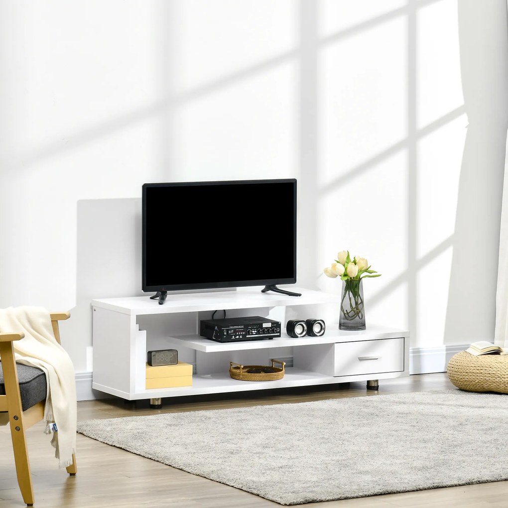 HOMCOM Móvel de TV para Televisores de até 45” Móvel de TV Moderno com 3 Prateleiras e 1 Gaveta para Dormitório Carga Máxima 60kg 135x35x41,7cm Branco