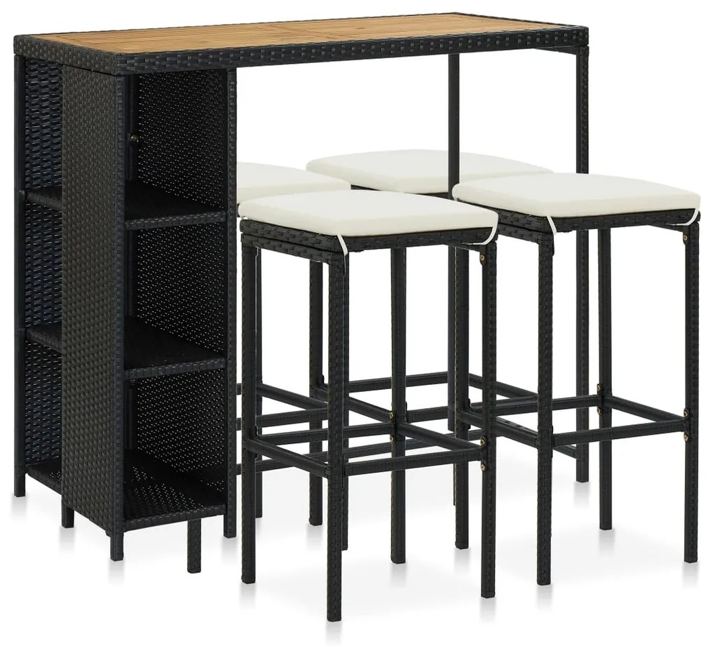 3064916 vidaXL 5 pcs conjunto de bar p/ jardim c/ almofadões vime PE preto