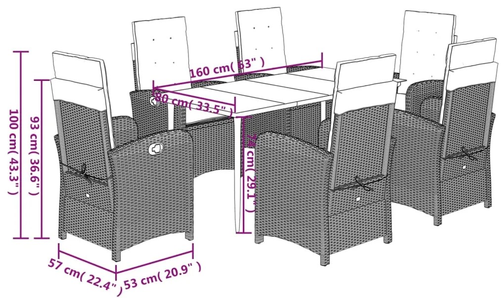 7 pcs conjunto de jantar p/ jardim com almofadões vime PE bege