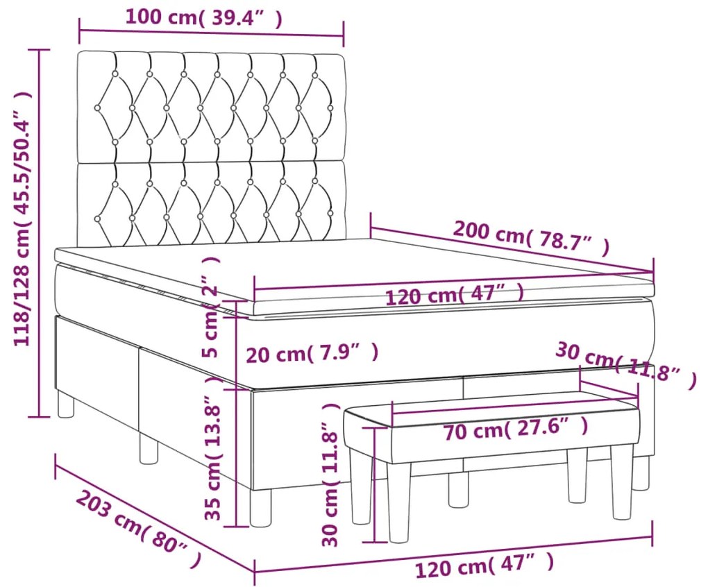 Cama boxspring com colchão 120x200 cm veludo cinzento-escuro