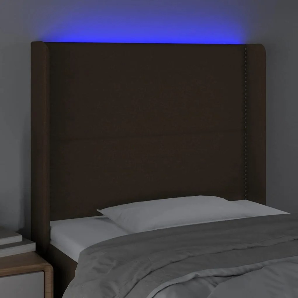 Cabeceira de cama c/ luzes LED tecido 83x16x118/128 cm castanho