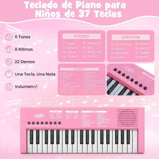 Teclado de piano para crianças elétrico portátil de 37 teclas com 8 ritmos, 8 tons e 22 demos Instrumento musical eletrónico rosa