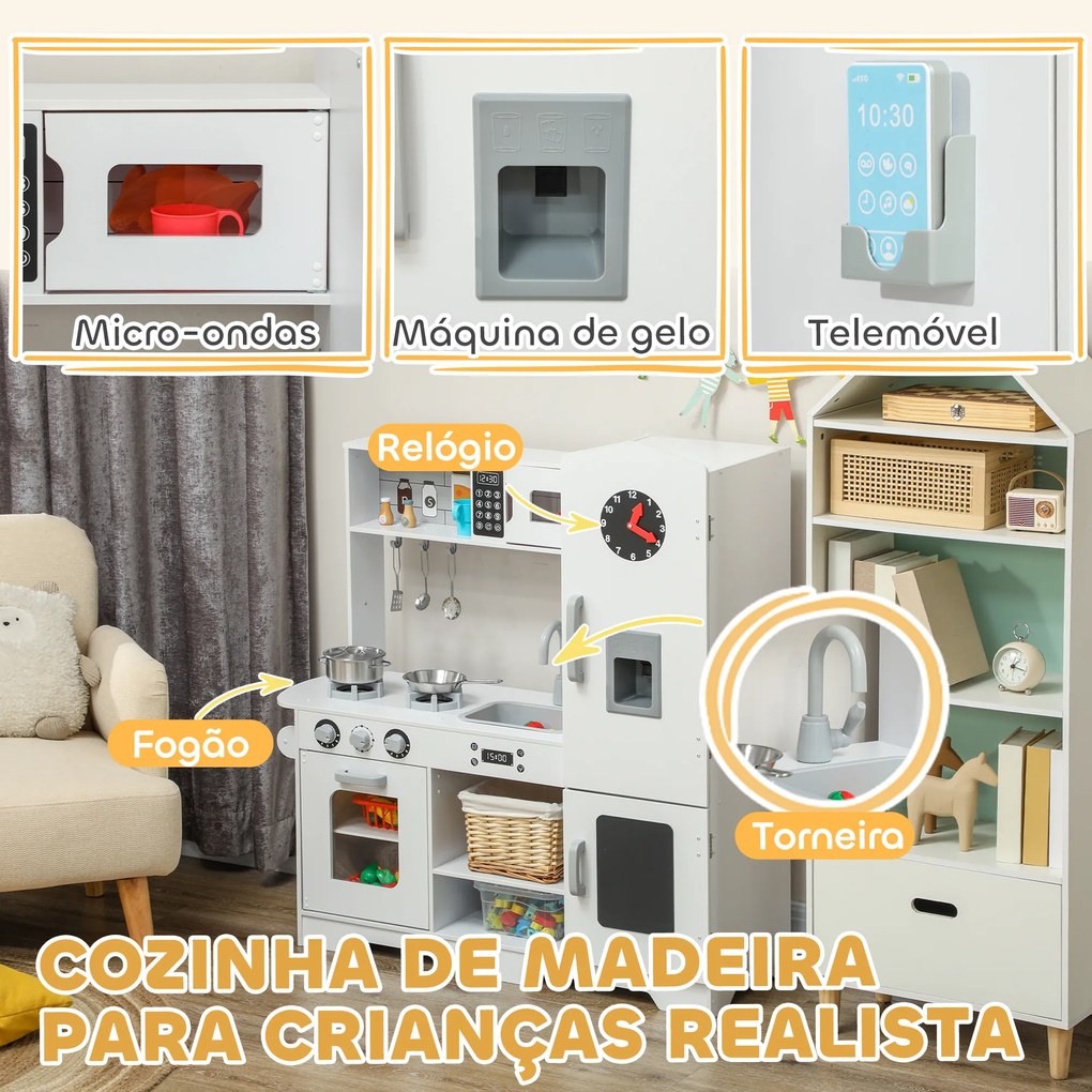 Cozinha de Madeira para Crianças com Fogão Lavatório Micro-Ondas Relógio Máquina de Gelo e Acessórios 100,5x41x110 cm Branca