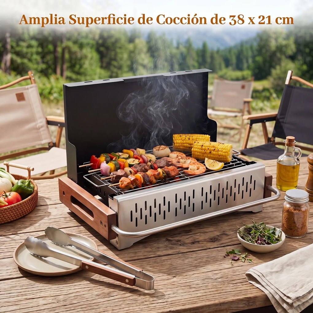 Grelhador a Carvão de Mesa Dobrável Portátil, 51 x 33,5 x 33,5 cm, Dois Níveis de Altura Reguláveis, Preto