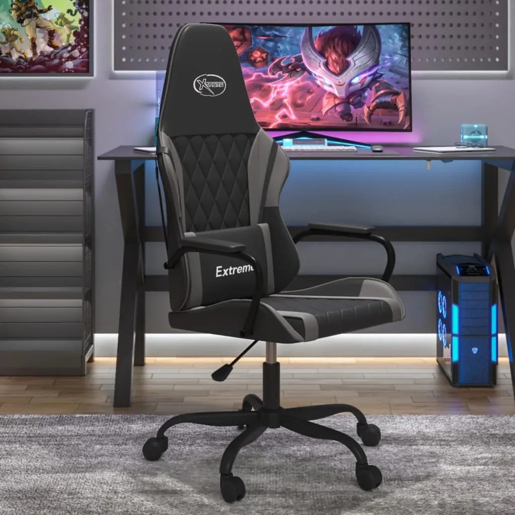 vidaXL Cadeira gaming massagens couro artificial preto e cinzento