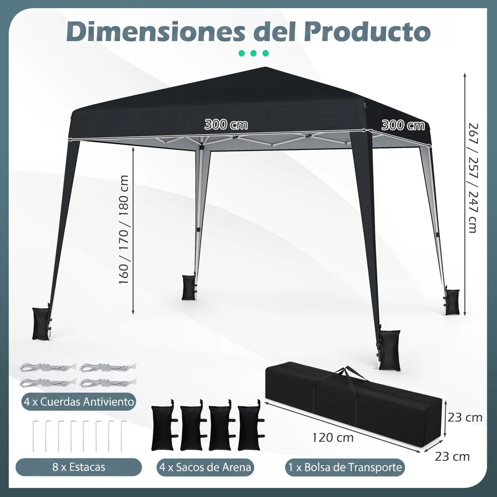 Tenda Dobrável para jardim e Festas, 300 x 300 x 247-267 cm, Altura Regulável com 4 sacos pesos, Preto
