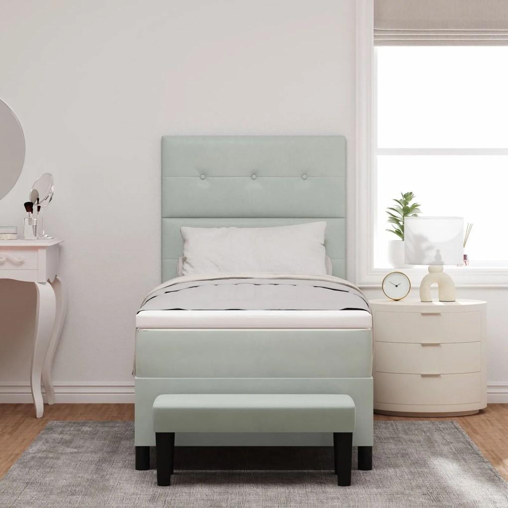 Cama Box Spring com Colchão &amp; Banco Cinza Claro 90x190 cm Veludo