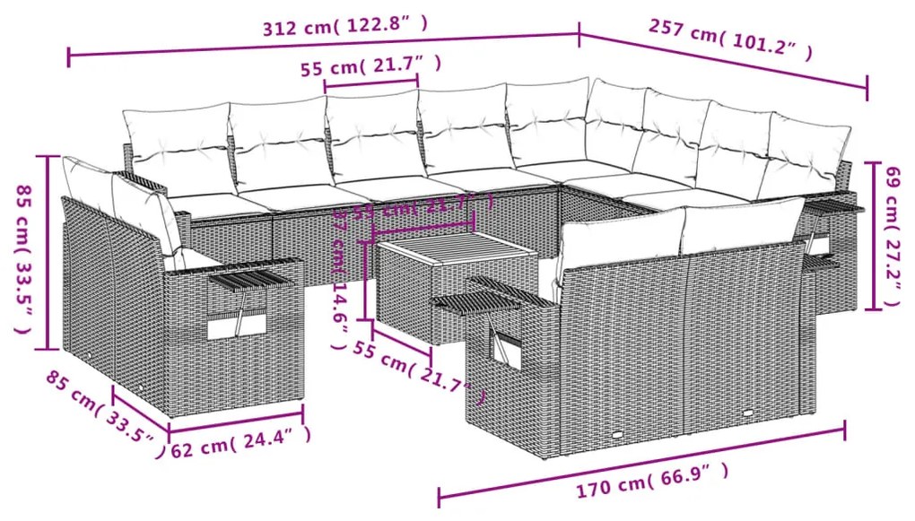 13 pcs conjunto de sofás de jardim com almofadões vime PE preto