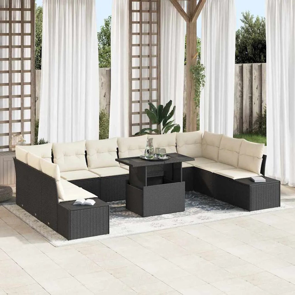 vidaXL Conjunto de Sofá de Jardim com 11 Peças e Almofadas Pretas de Rattan Sintético