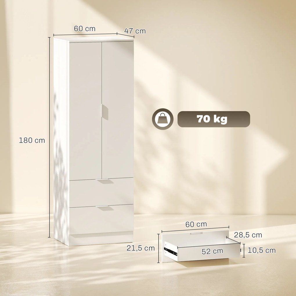 Guarda roupa, 60 x 47 x 180 cm, Com 2 Gavetas, Branco