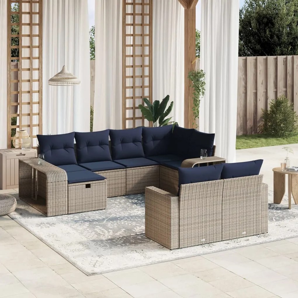 vidaXL 10 pcs conjunto sofás p/ jardim c/ almofadões vime PE cinzento