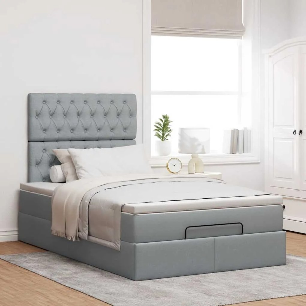 Estrutura de cama otomana com colchão cinza claro tecido