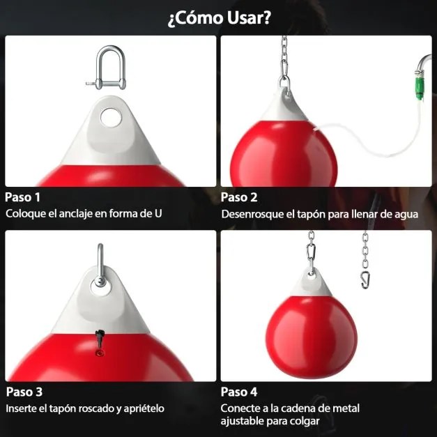 Saco de boxe com água de 45 cm e 50 kg com corrente metálica ajustável, mangueira de injeção de água, soco de boxe para adultos, vermelho e branco