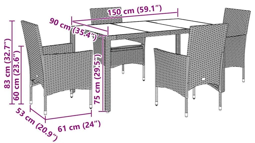5 pcs conjunto jantar jardim c/ almofadões PE/vidro cinza claro