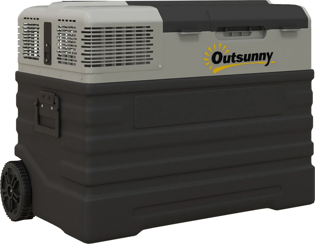 Outsunny Frigorífico elétrico de compressão portátil 56L com modos ECO/MAX, haste telescópica e rodas, preto | Aosom Portugal