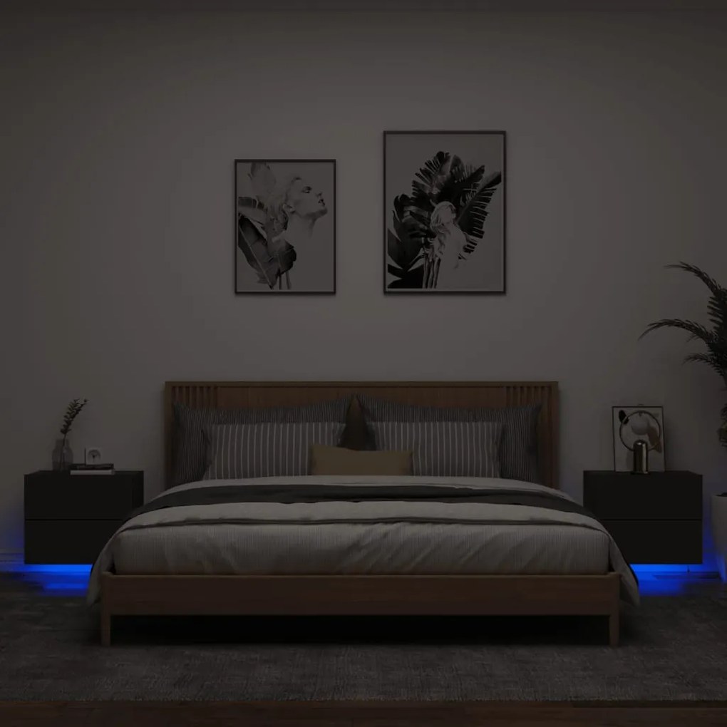 vidaXL Mesas de cabeceira de parede com luzes LED 2 pcs preto