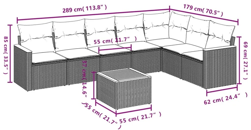 8 pcs conjunto de sofás p/ jardim com almofadões vime PE bege