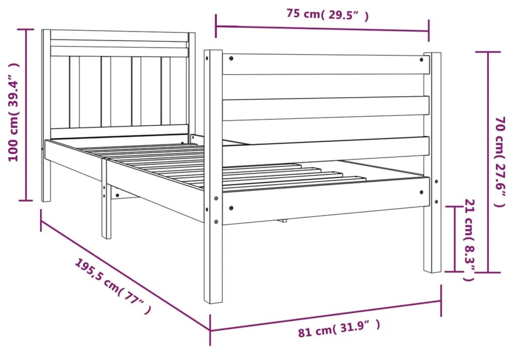 Estrutura de cama pequena solteiro 75x190 cm madeira maciça