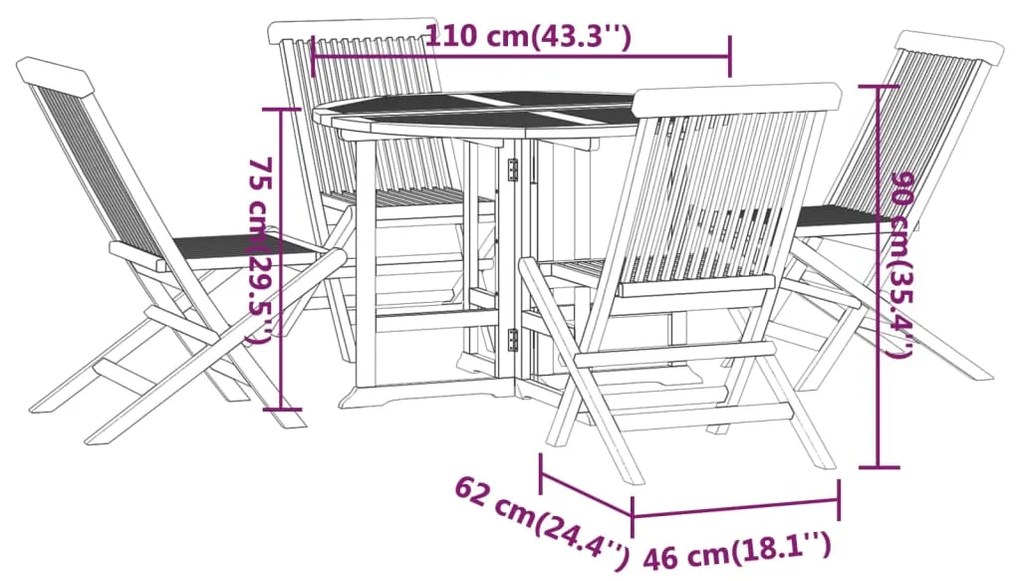 5 pcs conjunto jantar dobrável p/ exterior madeira teca maciça