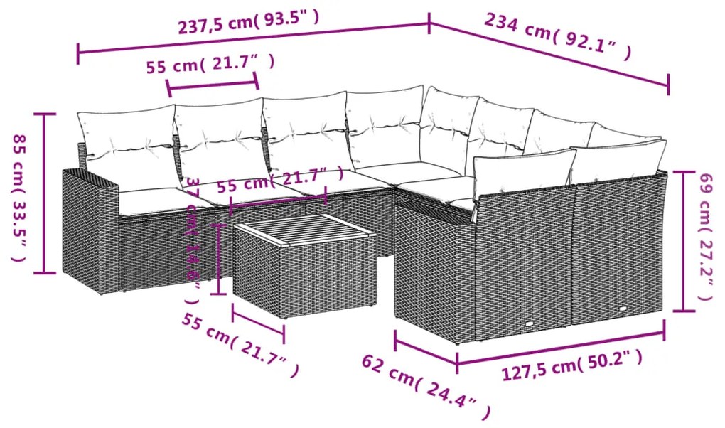 9 pcs conjunto de sofás p/ jardim com almofadões vime PE bege