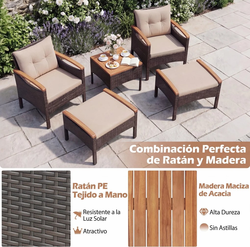 Conjunto jardim de 5 peças de vime para jardim, com 2 poltronas, 2 pufes, mesa auxiliar, almofadas e tampo em madeira de acácia Castanho misturado e a
