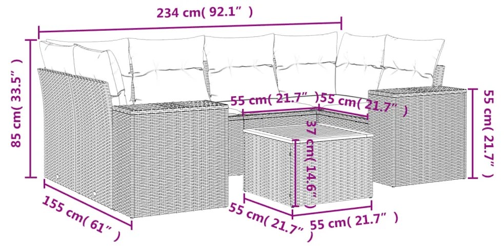 7 pcs conjunto de sofás p/ jardim com almofadões vime PE bege