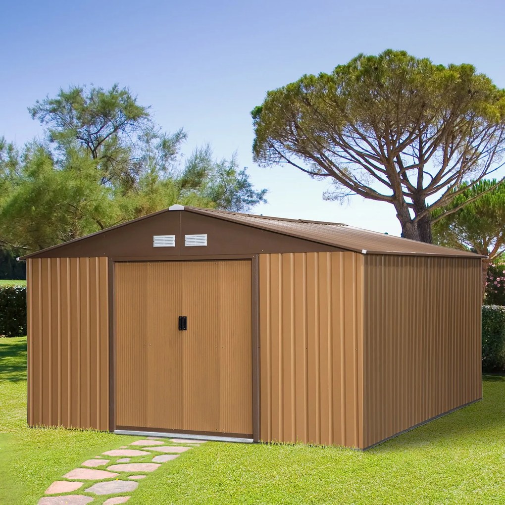 Abrigo de Jardim Metálico 340x386x200cm Abrigo de Exterior para Armazenamento de Ferramentas com Base Incluida 4 Janelas de Ventilação e Porta Correde