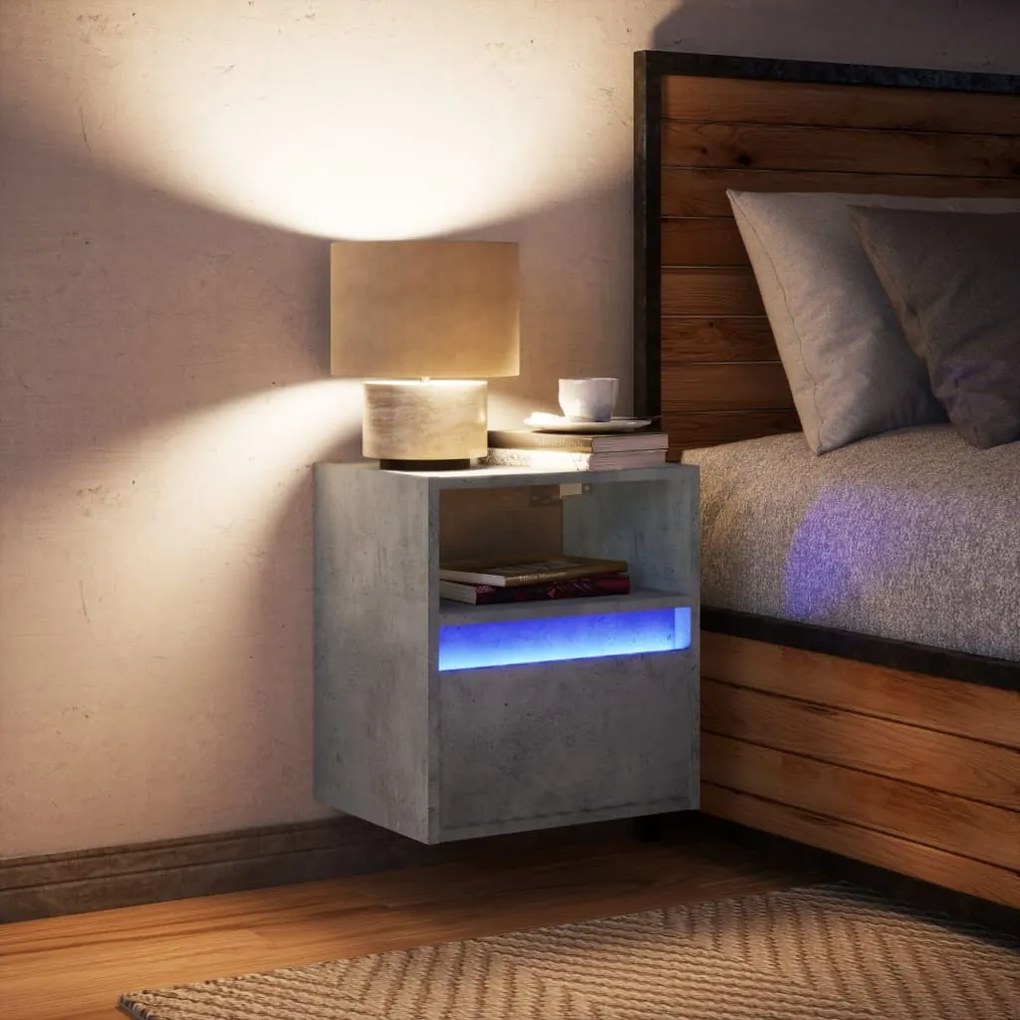 Mesa de cabeceira de parede com luzes LED cinzento cimento