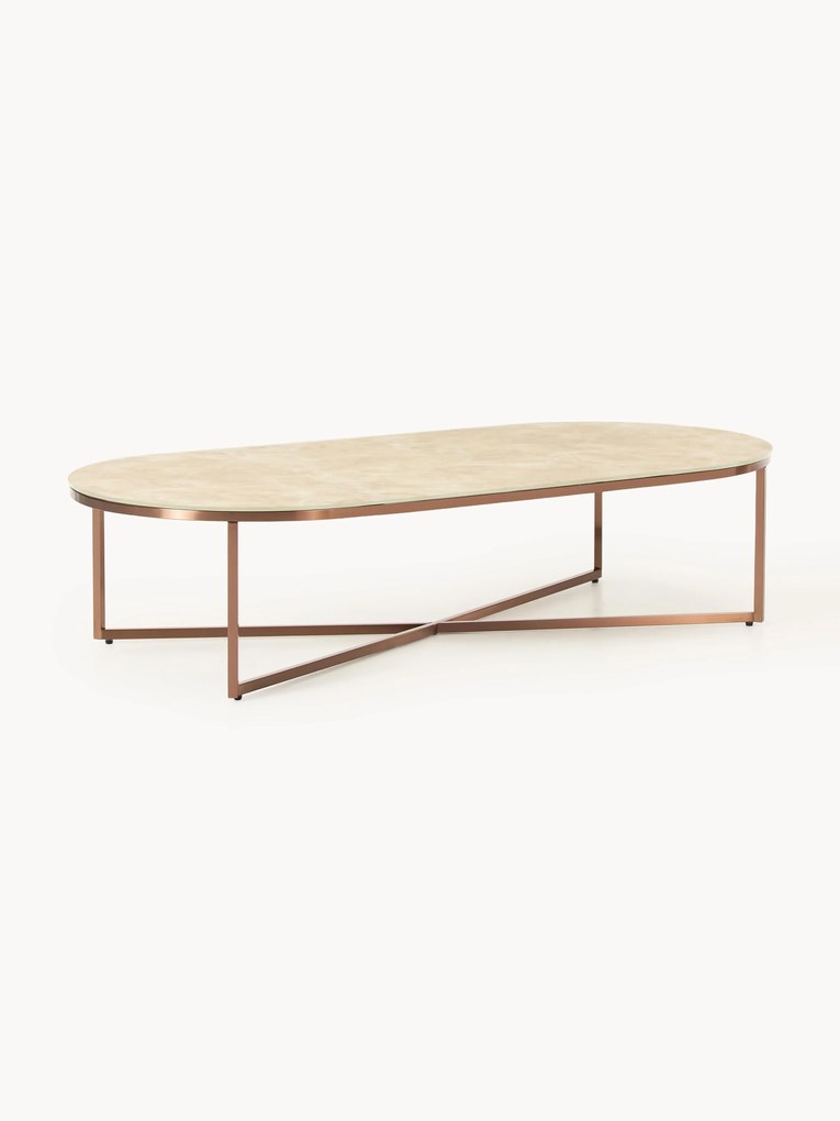 Mesa de centro oval com tampo de vidro com aspeto de mármore Antigua