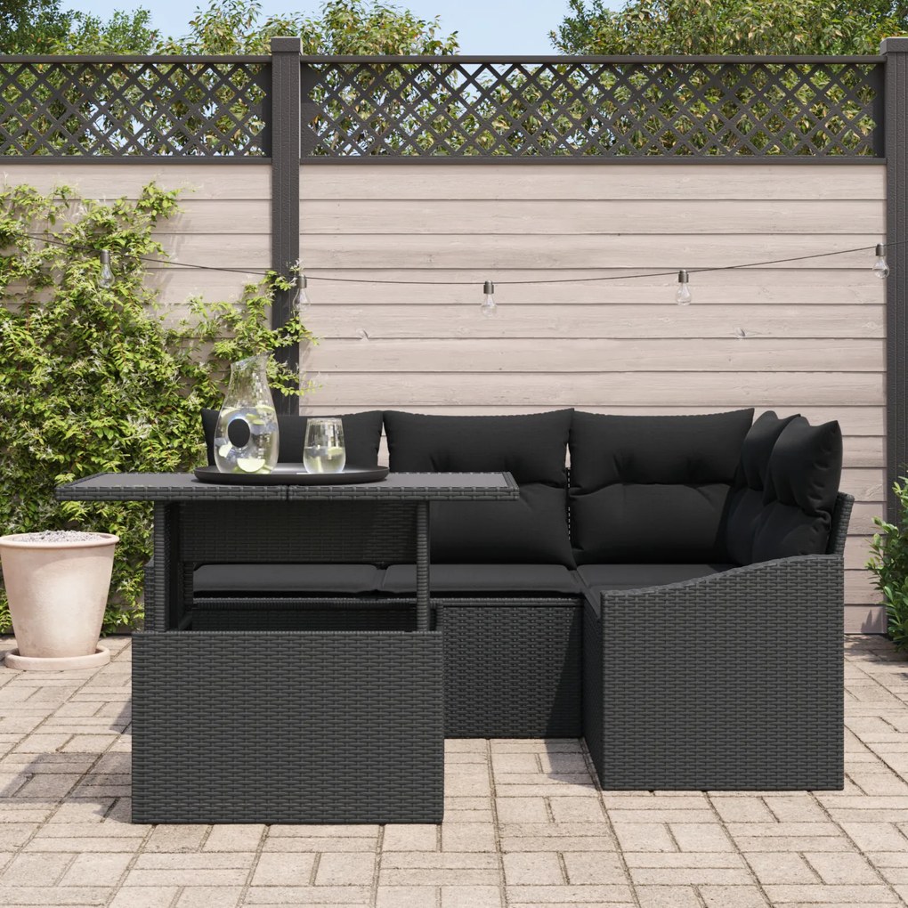 Conjunto de Sofá de Jardim de 5 Peças com Almofadas Preto em Rattan Si