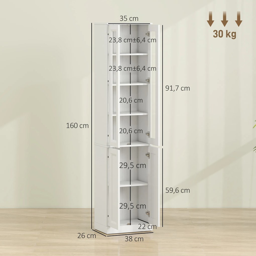 Móvel de casa de banho com 6 níveis 38 L x 26 P x 160 A cm, móvel de arrumação com 4 portas com fecho suave e prateleiras ajustáveis, branco