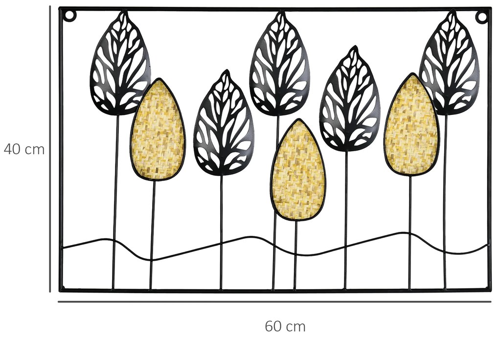 Decoração de Parede de Metal 3D Folhas de Abeto Arte de Parede Suspensa para Sala de Estar Dormitório Escritório 40x60cm Preto e Amarelo