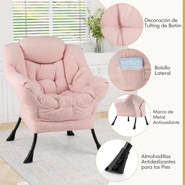 Poltrona grande estofada com almofada de cabeça acolchoada Apoios de braços e bolsa Poltrona Sofá para sala de estar Quarto Rosa