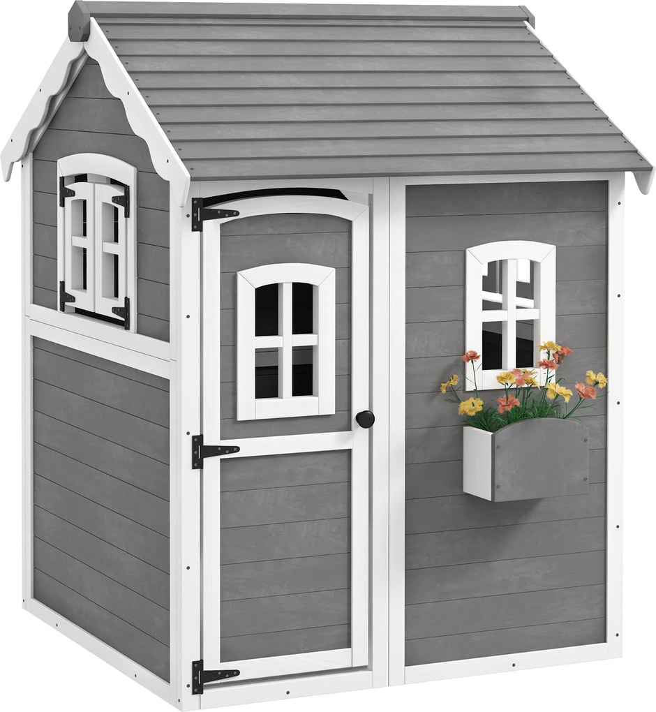 Outsunny Casinha Infantil para Crianças, Interior e Exterior, com Porta, Janelas e Canteiro, Madeira de Pinho, Cinza | Aosom Portugal
