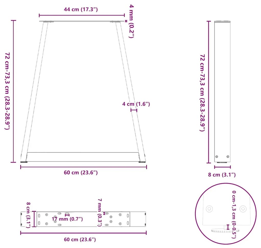 Pés para mesa de jantar em formato de V, 2 peças, aço natural, 60x(72-