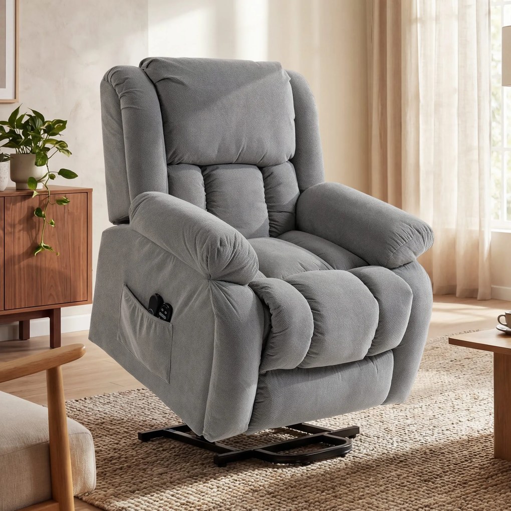 Poltrona elevatória elétrica com massagem e aquecimento, apoio para os pés, encosto reclinável, comando à distância e bolso lateral cinzento