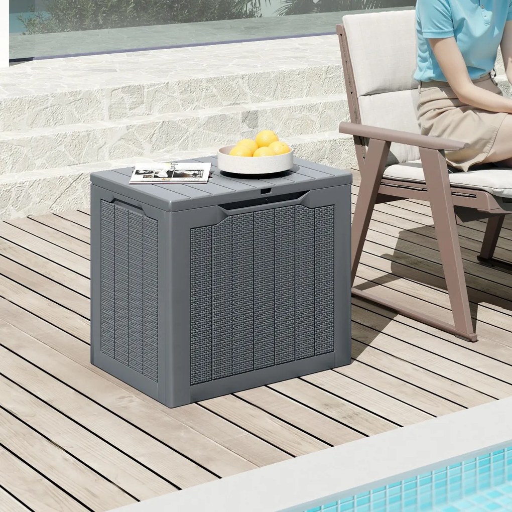 Caixa de armazenamento exterior de 96 L com tampa com fechadura e textura de rattan tecido 56 x 41 x 50,5 cm cinzento