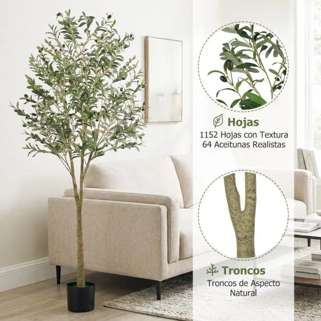 Conjunto de 2 oliveiras artificiais de 180 cm com vaso de plástico 1296 folhas 72 frutos Plantas verdes