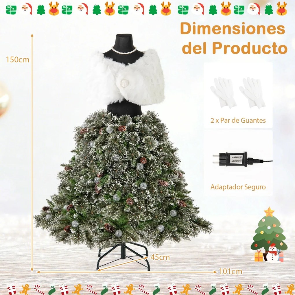 Árvore de Natal artificial Lojas roupa de 150 cm com manequim pré-iluminado Estrutura dobrável e 465 pontas de ramos 50 bolas LED 36 pinhas Colar Xail