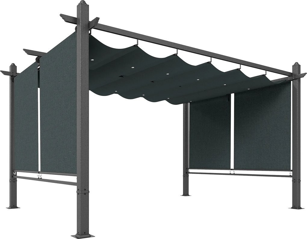 Outsunny Pergolado Pérgola de Jardim 4x3 m com Teto Retrátil Cortinas Automáticas UPF50+ Cinzento Escuro | Aosom Portugal