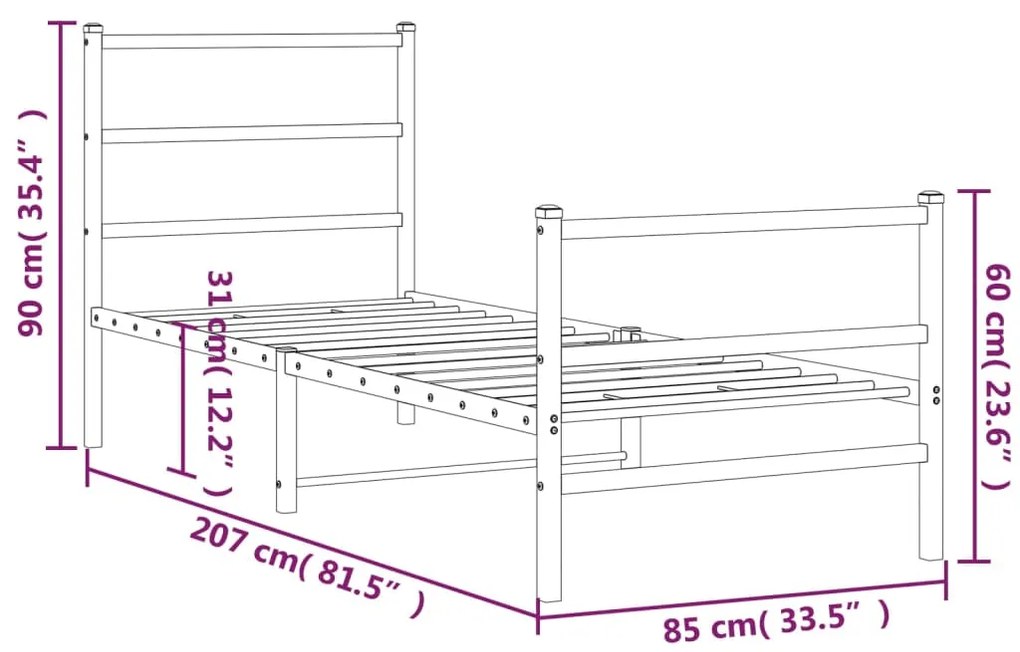 Estrutura de cama com cabeceira e pés 80x200 cm metal branco