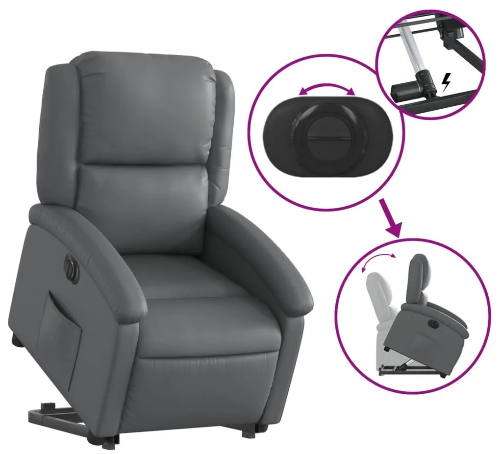 Poltrona reclinável elevatória elétrica couro artif. cinzento