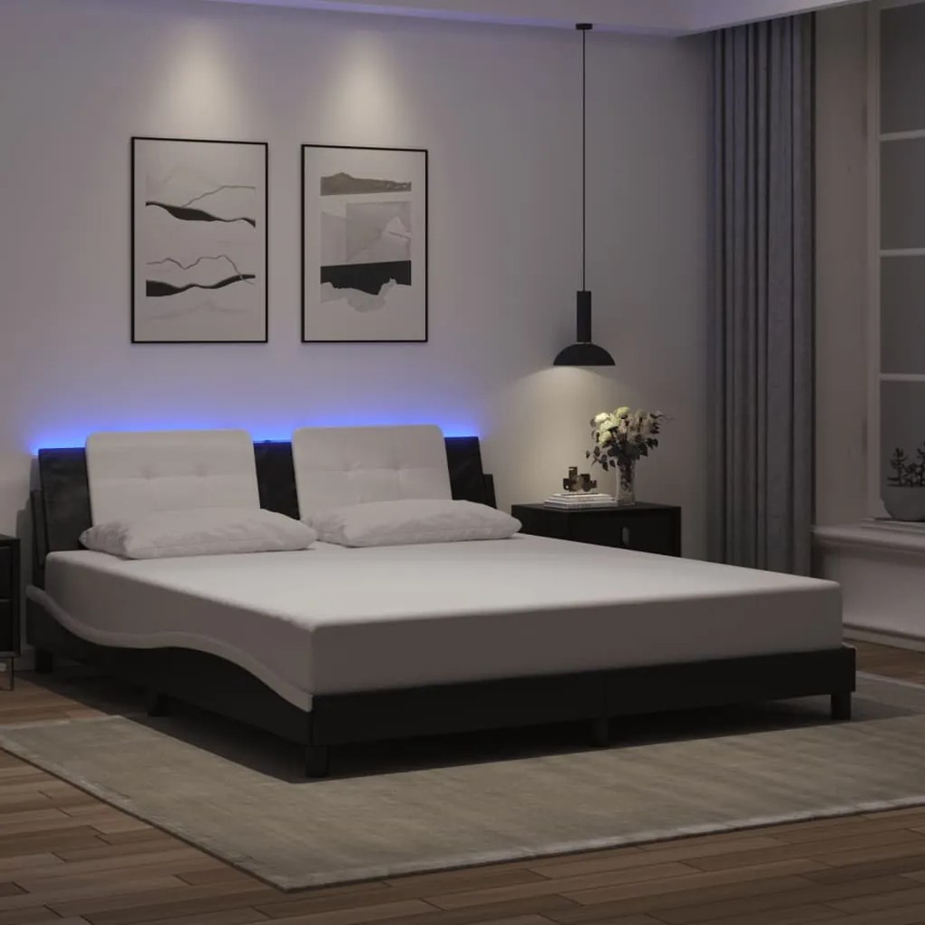Estrutura cama c/ luzes LED 180x200cm couro artif. preto/branco