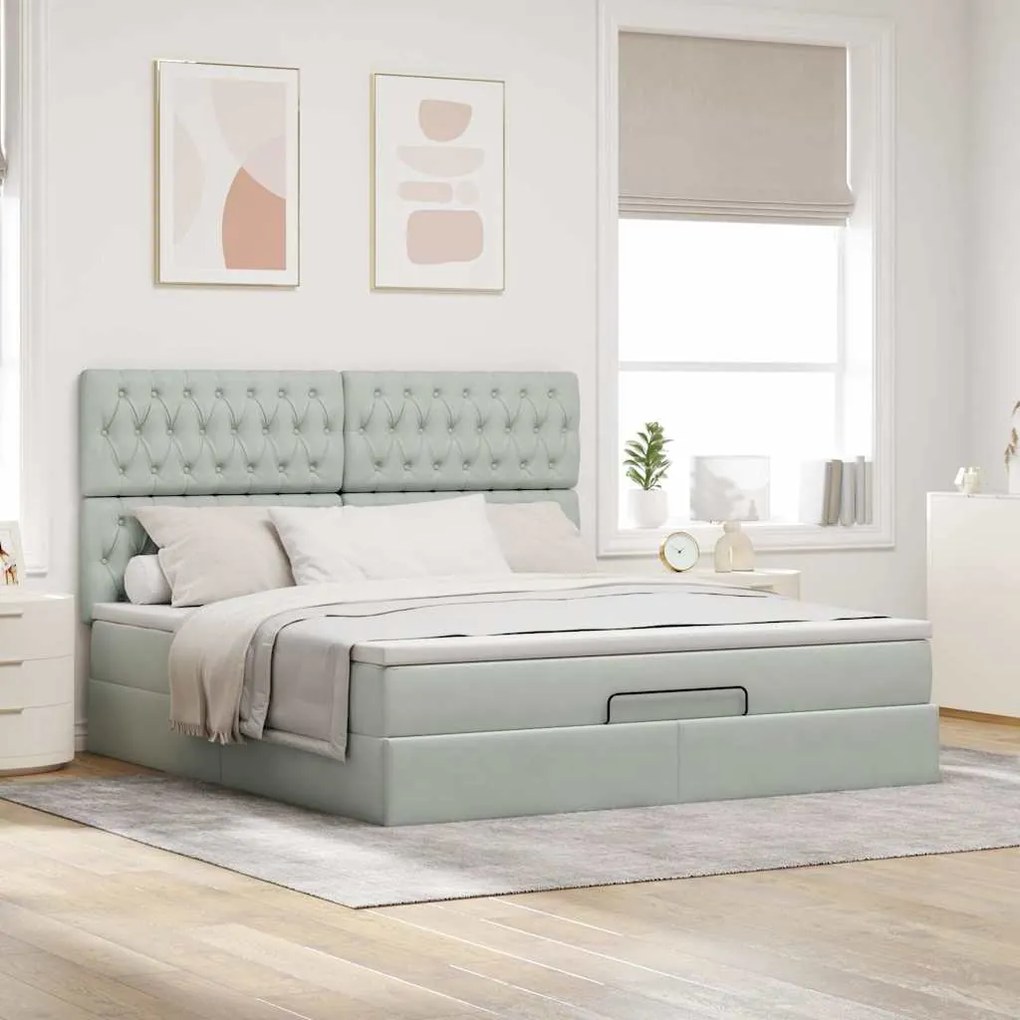 Estrutura cama otomana colchões 180x200cm veludo cinzento claro