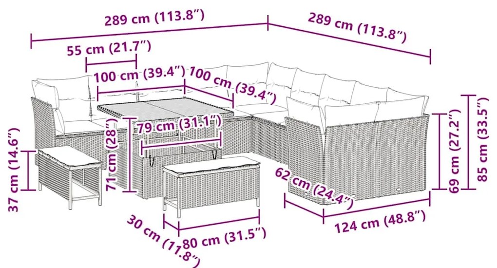 Conjunto de Sofás de Jardim com 13 Peças e Almofadas em Rattan de Poli